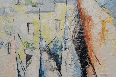 60x64 Opera d’arte contemporanea pittorica di Maddalena Lippo intitolata finestra sul porto